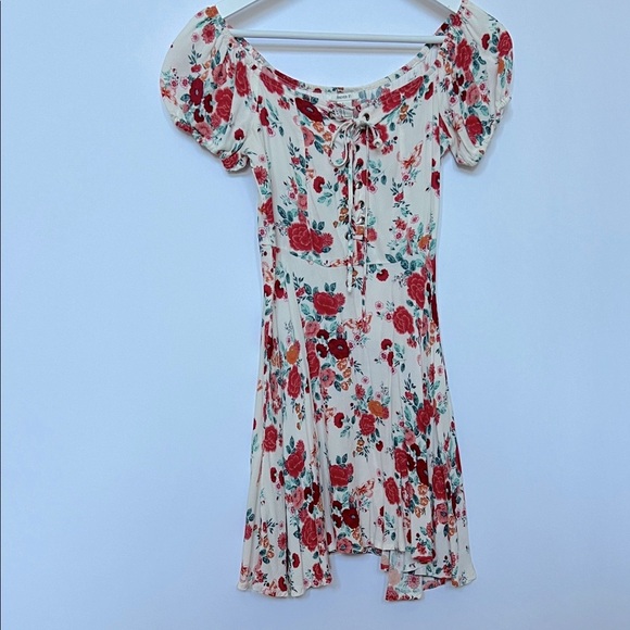 Forever 21 Floral Lace-Up Mini Dress Coquette Cream Red Orange Green Sz S - Picture 1 of 6
